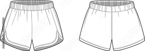 Athletic shorts front view, technical fashion sketch, elastic waistband, curved hem, breathable lining, apparel design illustration