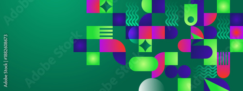 Sophisticated digital artwork displaying rhythmic geometric shapes and wavy lines with a fresh green and violet color palette