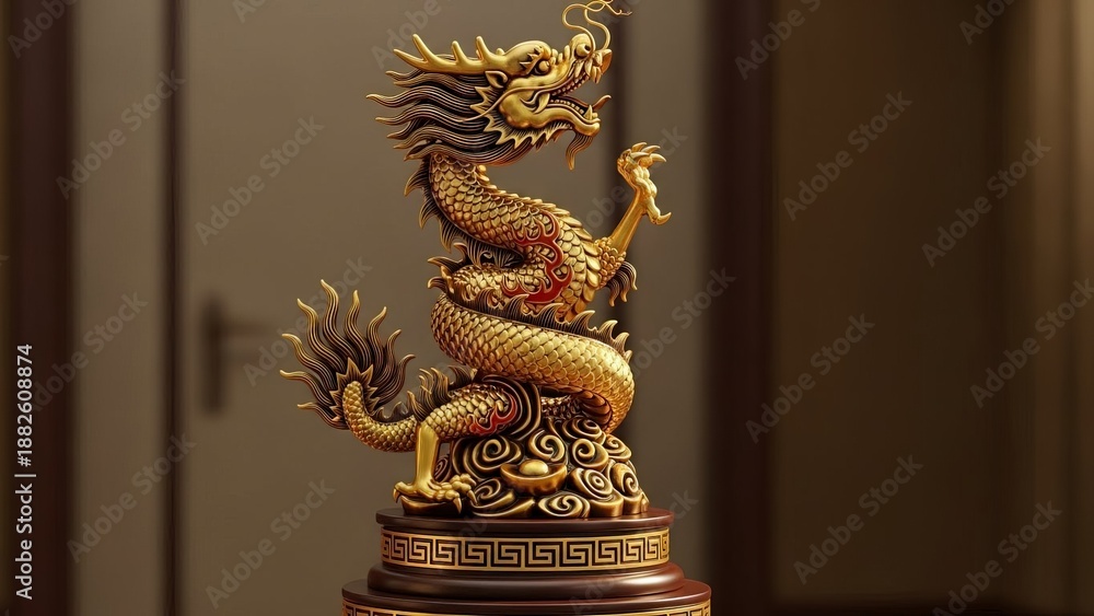Fototapeta premium Ornate golden dragon statue with intricate details sits on a decorative pedestal.