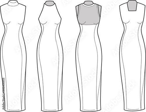 Elegant fashion illustration of long dresses, sleeveless styles, neckline variations, technical sketch, garment design, vector template