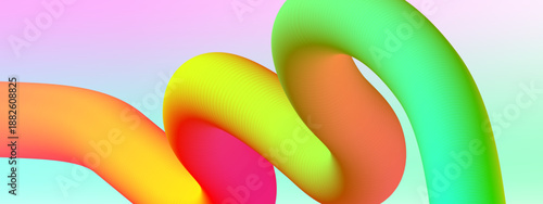 Smooth three dimensional fluid shape winding through a bright pastel space with soft color transitions