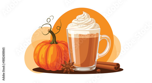 Cozy autumn illustration of a pumpkin spice latte in a glass mug, topped with whipped cream, next to a small pumpkin and spices.