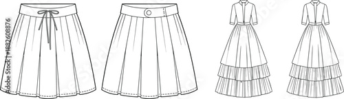 Fashion design sketch, pleated skirt, tiered dress, technical illustration, garment construction, sewing pattern, apparel concept, couture inspiration
