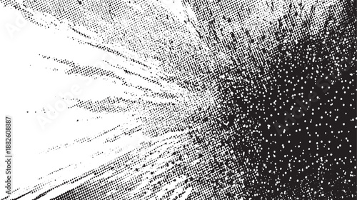 Abstract radial burst of black dots and lines emanating from the left side against a white background creating a dynamic textured pattern