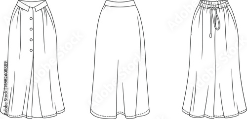 Fashion skirt vector illustration, wide leg pants design, women apparel technical drawing, minimal line art set