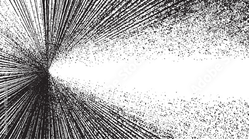 Dynamic black radial burst of textured lines and dots emanating from a bright white focal point against a stark white background
