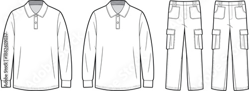 Technical fashion sketch of cargo pants and polo shirts, garment design illustration, apparel blueprint, clothing construction referenceTechnical fashion sketch of cargo pants and polo shirts