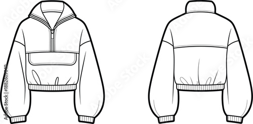 Technical fashion illustration of pullover jacket, front and back view, high collar, half zip, ribbed cuffs, waistband