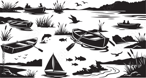 Black and White Boats on a Serene Lake Scene