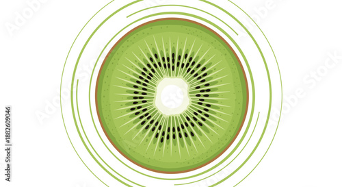 Abstract top-down view of a vibrant green kiwi slice with black seeds, surrounded by swirling green lines on a white background.