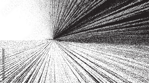 Energetic black and white abstract pattern with radial lines and dots expanding from a central point creating a sense of motion