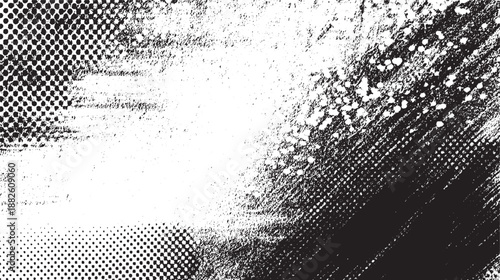 Textured abstract background featuring a blend of grunge effects, scattered dots, and halftone patterns in a monochrome palette for creative applications