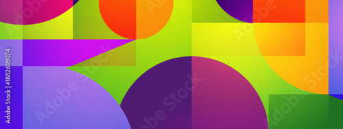 A complex layered design featuring translucent circles and rectangles with rainbow gradients