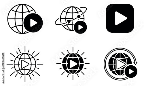 Modern glyph icon set featuring global video and live streaming symbols for web and app design