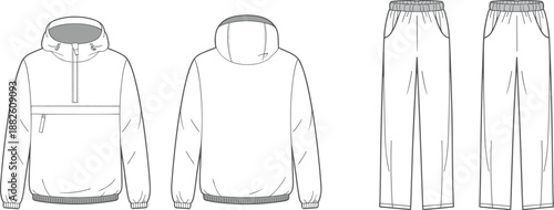 Technical fashion sketch of hooded pullover jacket and pants, front and back views, apparel design, garment illustration