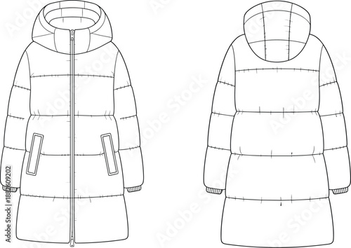 Winter coat technical sketch, front and back view, quilted jacket design, hooded outerwear illustration, fashion flat drawing