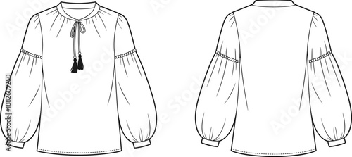 Women peasant blouse technical fashion illustration, front and back view garment design line art vector drawing