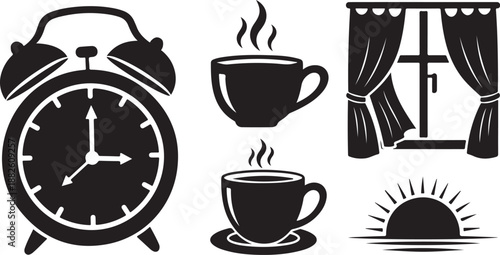 Morning Routine Icons with Alarm Clock and Coffee Cups