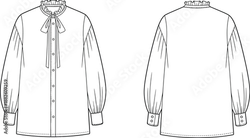Victorian ruffled blouse technical fashion illustration, front and back view, long sleeve women shirt line drawing