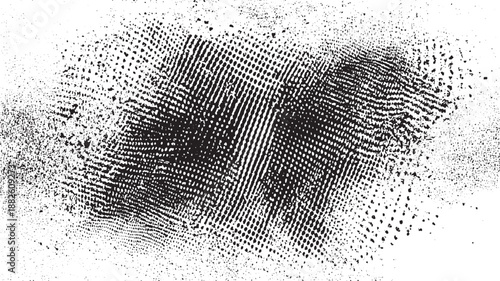 Intense black and white abstract texture resembling a fingerprint or distressed fabric with dense dot patterns and granular noise for a dramatic effect