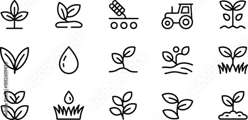 Agricultural Icons Set Featuring Plants and Farm Equipment