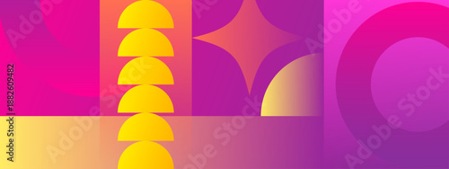 Creative geometric composition featuring pink purple and yellow semi circles and stars with soft gradients