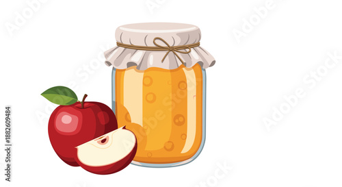 Glass jar of homemade apple jam or jelly with a fabric cover, next to a fresh red apple and a slice on a white background.