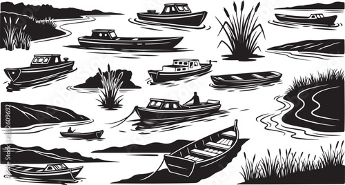 Black and white illustration of boats on a serene lake