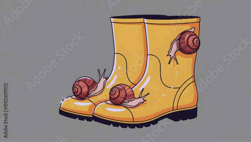 Vector graphics, flat illustration - Yellow rubber boots with snails crawling on them  