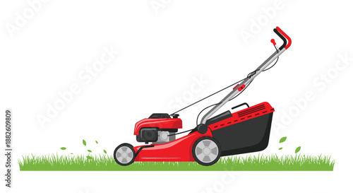 Red gasoline-powered lawn mower cutting a strip of green grass, with clippings flying, illustrating lawn care and garden maintenance.