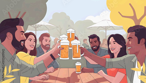 Vector graphics, flat illustration - Friends toasting with beers at outdoor gathering in sunny park  