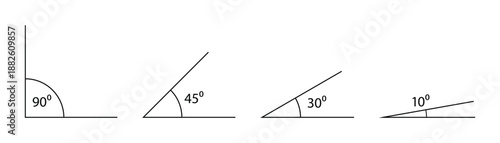 Angle icons. Angles with degree measurements, including 90, 45, 30, and 10 degrees. Transparent PNG and vector