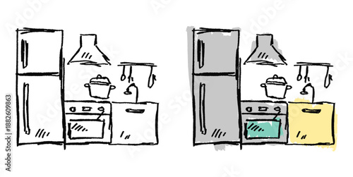 Grunge sketch handdrawn kitchen set vector for chef art. Ideal for rough utensil collections, messy cookware textures, and edgy restaurant menu designs.