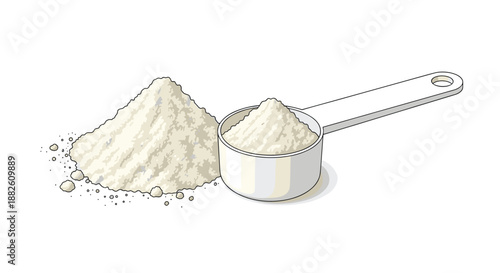 A scoop of white protein powder next to a pile of the supplement, illustrating sports nutrition for muscle building and fitness.