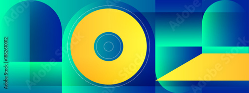 Futuristic cyan and blue background with large yellow concentric circles and sharp lines
