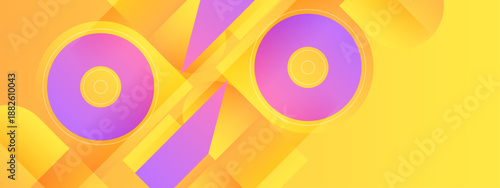 Bright yellow and orange background featuring large pink gradient circles and angular shapes