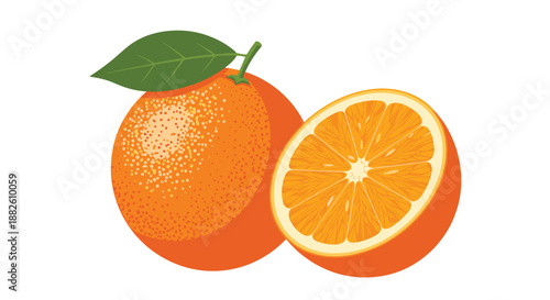 Fresh, ripe orange fruit shown whole with a green leaf and cut in half to reveal its juicy segments, on a white background.