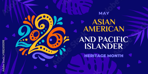 Asian american, native hawaiian and pacific islander heritage month 2025. Vector banner for social media. Illustration with text. Asian Pacific American Heritage Month on blue background.