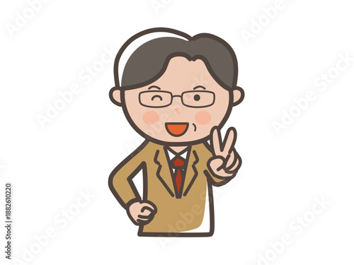 笑顔でピースをする眼鏡をかけた中高年男性ビジネスマンの上半身イラスト