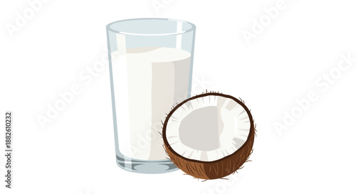 Glass of creamy white coconut milk next to a fresh coconut cut in half, illustrating a healthy, vegan, and dairy-free beverage.