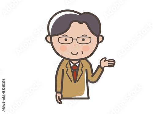 説明をする眼鏡をかけた中高年男性ビジネスマンの上半身イラスト