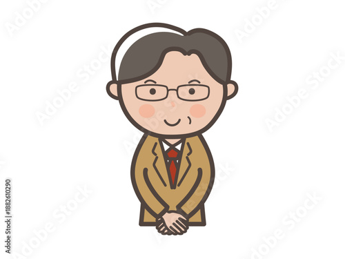 接客ポーズの眼鏡をかけた中高年男性ビジネスマンの上半身イラスト