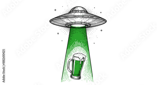 Engraving Art UFO Stealing Green Beer Glass with Beam of Light, St Patrick's Day Concept for Holiday Fun Blogs, Brewery Promotions, and Festive Social Media.