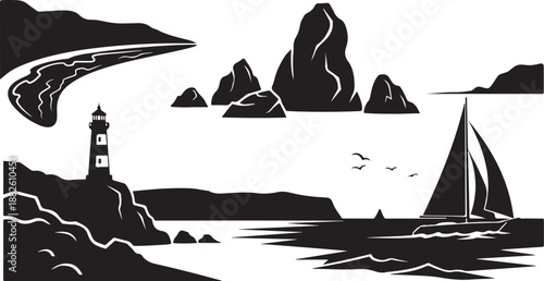 Black and White Illustration of Lighthouse by the Sea