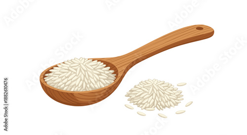 Wooden spoon filled with uncooked long-grain white rice, with a small pile of grains next to it, on a white background.