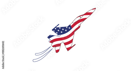 High Speed Fighter Jet in Patriotic American Flag Colors Ascending With Exhaust Trails Against White Background