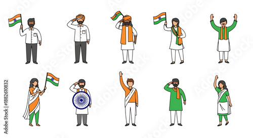 Diverse People Celebrate National Pride Holding Indian Flags and Saluting in Patriotic Celebration With Unity