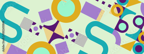 Contemporary abstract arrangement of geometric forms and serpentine lines on a pale mint green surface