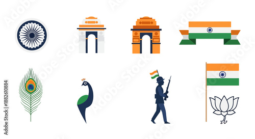 Collection of iconic Indian cultural symbols and national emblems rendered in a modern flat design style for patriotic representation