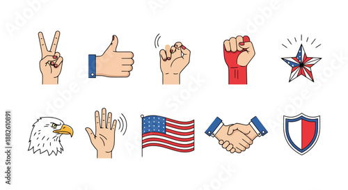 Collection of patriotic symbols and hand gestures representing freedom unity and nationality